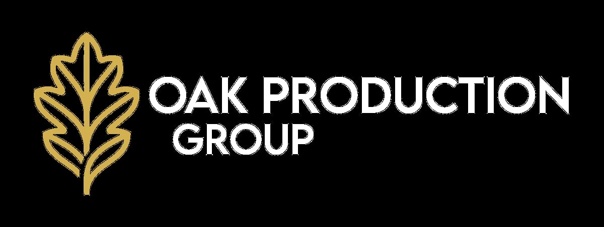 Oak Production Group logo with gold oak leaf icon and white text on black background