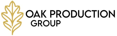 Oak Production Group logo with gold oak leaf icon and black text