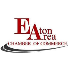 Eaton Area Chamber of Commerce logo featuring maroon letters and a curved swoosh design element